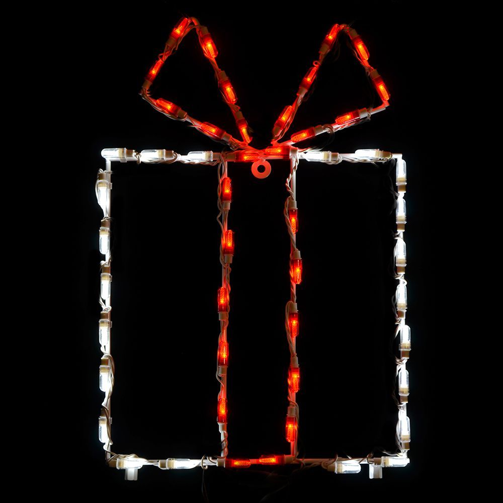 White Christmas Gift Box With Red Bow LED Lighted Outdoor Christmas Decoration