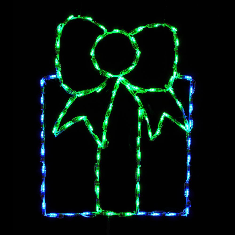 Blue LED Christmas Gift Box With Green Bow Lighted Outdoor Christmas Decoration