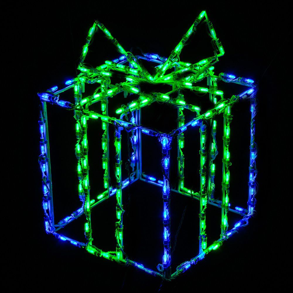 3D Blue Christmas Gift Box With Green Bow LED Lighted Outdoor Christmas Decoration