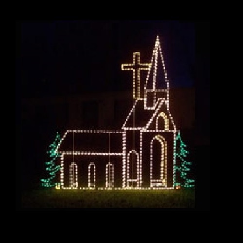 Church with Cross and Trees LED Lighted Commercial Outdoor Decoration