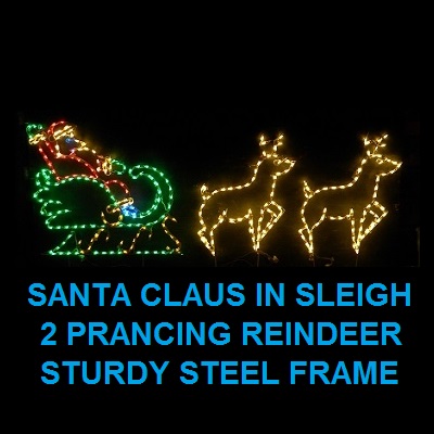 Santa Claus in Sleigh with Prancing Reindeer LED Lighted Outdoor Christmas Decoration